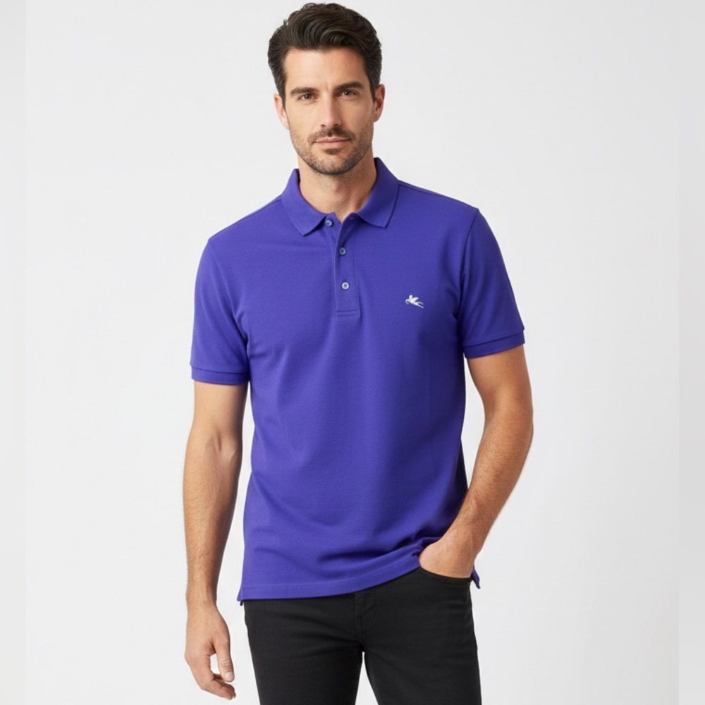 ETRO Milano Italy Men’s Purple Piqué Cotton Polo Shirt Pegaso Logo XL Luxury